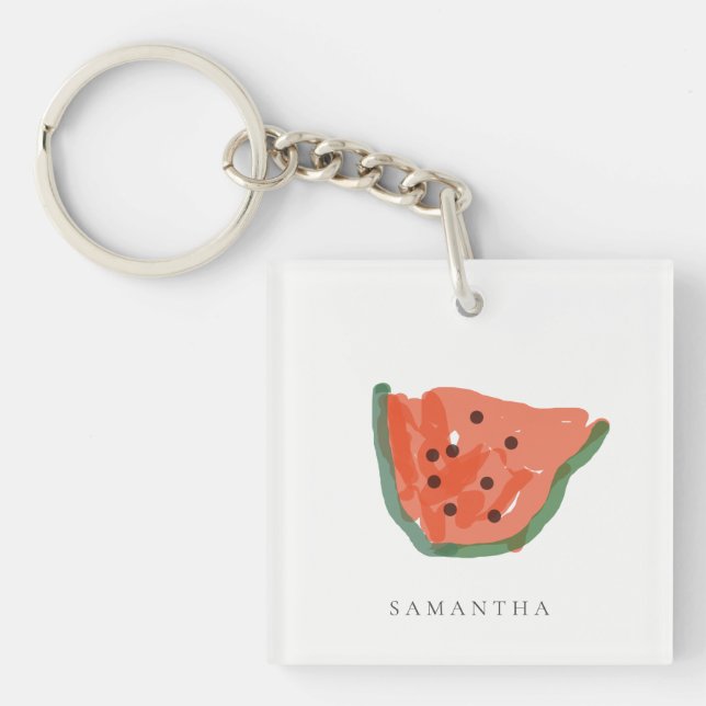 Modern Kids Hand Drawn Watermelon Fruit Red Green Key Ring (Front)