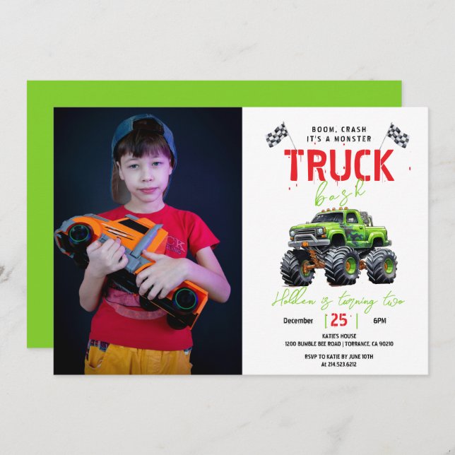Modern Kids Monster Truck Birthday Party Invitation (Front/Back)