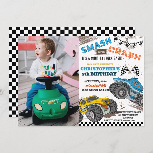 Modern Kids Monster Trucks Birthday  Invitation (Front/Back)