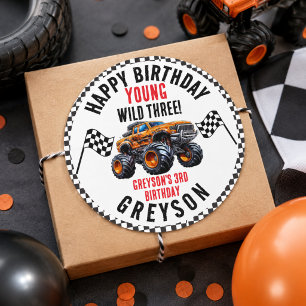 Modern Kids Monster Trucks Birthday Party Classic Round Sticker