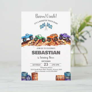 Modern Kids Monster Trucks Birthday Party Invitation