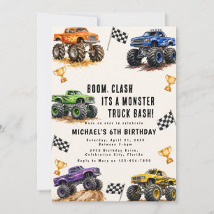 Modern Kids Monster Trucks Birthday Party Invitation