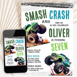 Modern Kids Monster Trucks Birthday Party Invitation