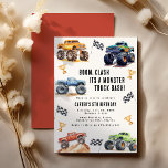 Modern Kids Monster Trucks Birthday Party Invitation<br><div class="desc">Attention all little party animals! Get ready to rev up the fun with our 'BOOM, CLASH ITS A MONSTER TRUCK BASH' Birthday Kids Monster Car Trucks Invitation. Adorned with adorable and vibrant monster car trucks, this modern typography script invites you to join in on the celebration. Let's roar into the...</div>