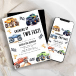 Modern Kids Monster Trucks Birthday Party Invitation<br><div class="desc">Attention all little party animals! Get ready to rev up the fun with our Growing up Two Fast! Birthday Kids Monster Car Trucks Invitation. Adorned with adorable and vibrant monster car trucks, this modern typography script invites you to join in on the celebration. Let's roar into the third year of...</div>