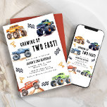 Modern Kids Monster Trucks Birthday Party Invitation<br><div class="desc">Attention all little party animals! Get ready to rev up the fun with our Growing up Two Fast! Birthday Kids Monster Car Trucks Invitation. Adorned with adorable and vibrant monster car trucks, this modern typography script invites you to join in on the celebration. Let's roar into the third year of...</div>