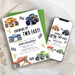 Modern Kids Monster Trucks Birthday Party Invitation<br><div class="desc">Attention all little party animals! Get ready to rev up the fun with our Growing up Two Fast! Birthday Kids Monster Car Trucks Invitation. Adorned with adorable and vibrant monster car trucks, this modern typography script invites you to join in on the celebration. Let's roar into the third year of...</div>