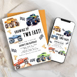 Modern Kids Monster Trucks Birthday Party Invitation<br><div class="desc">Attention all little party animals! Get ready to rev up the fun with our Growing up Two Fast! Birthday Kids Monster Car Trucks Invitation. Adorned with adorable and vibrant monster car trucks, this modern typography script invites you to join in on the celebration. Let's roar into the third year of...</div>