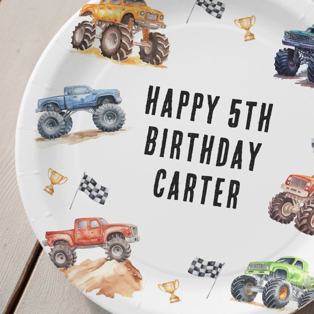 Modern Kids Monster Trucks Birthday Party Paper Plate (Creator Uploaded)
