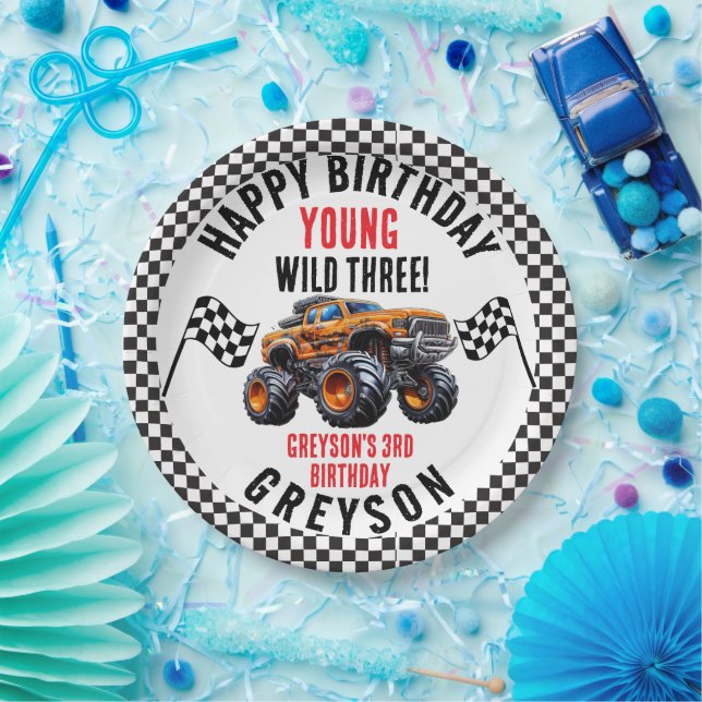 Modern Kids Monster Trucks Birthday Party Paper Plate (Party)