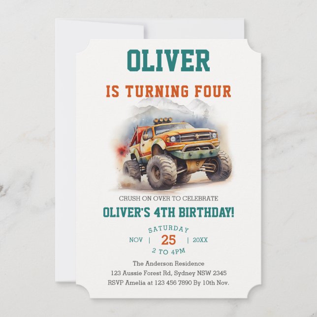 Modern Kids Monster Trucks Watercolor Birthday Invitation (Front)