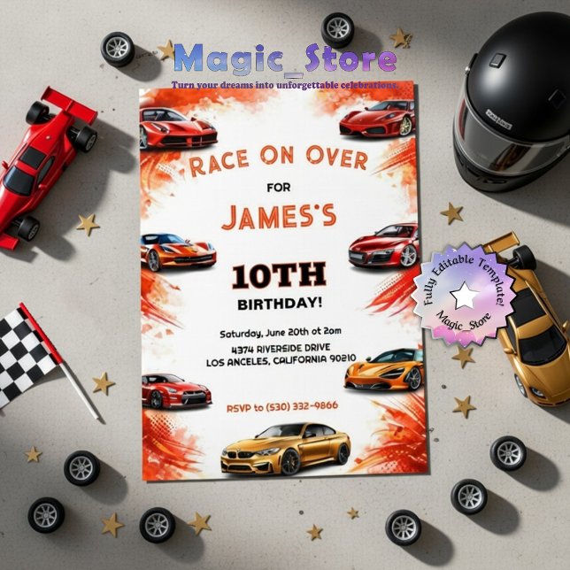 Modern Kids Race on Over Speed Racing Car Birthday Invitation (Creator Uploaded)