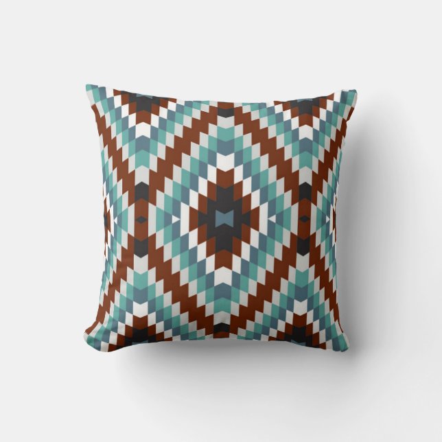 Modern Kilim Pattern Rust and Aqua Cushion (Front)