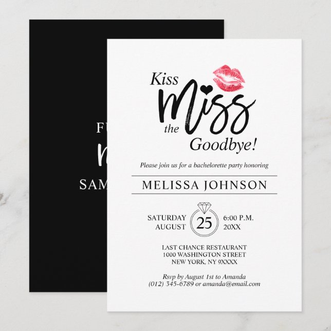 Modern Kiss Miss Goodbye Lips Bachelorette Party Invitation (Front/Back)