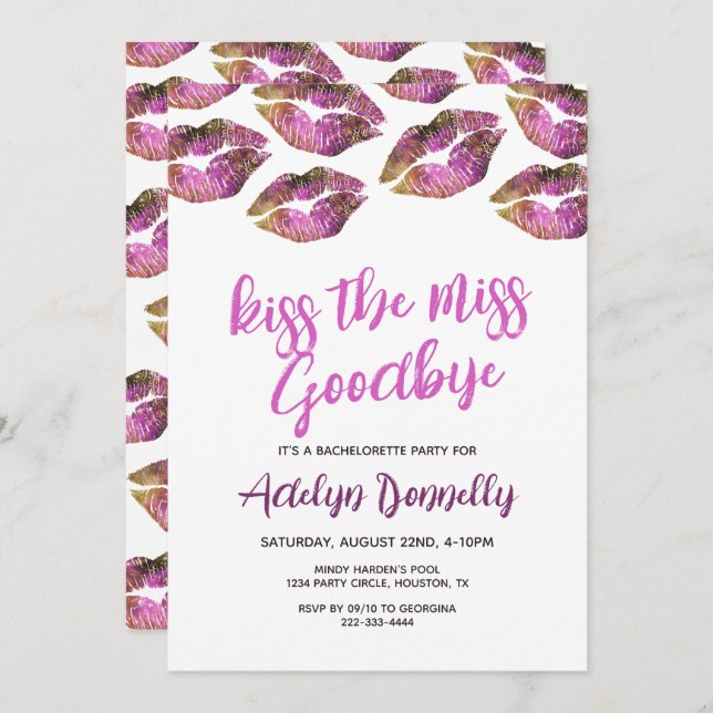 Modern Kiss The Miss Goodbye Bachelorette Invitation (Front/Back)