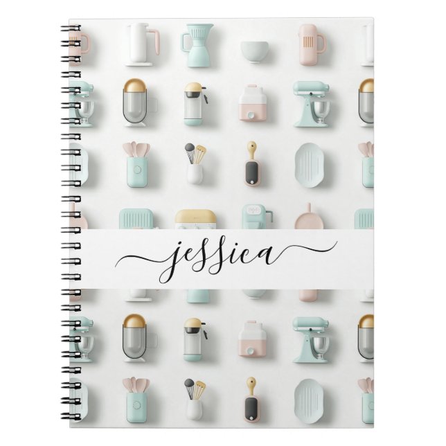 Modern kitchen icons pattern script name notebook (Front)