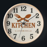Modern Kitchen Wall Clock with Spoon and Fork Desi<br><div class="desc">Add a stylish touch to your kitchen with this modern wall clock featuring a simple spoon and fork illustration and the word "Kitchen". The clean and minimalist design makes it perfect for any cooking space, dining area, or modern home decor. A great decorative piece for people who love cooking and...</div>