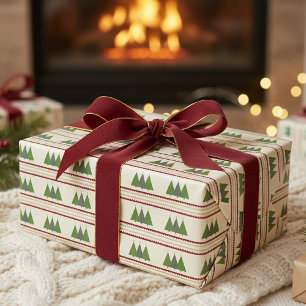 Modern Knit Christmas Trees Green and Red Wrapping Paper