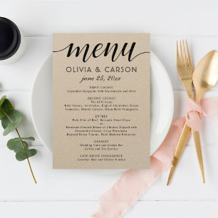 Modern Kraft and Black Script Wedding Monogram Menu