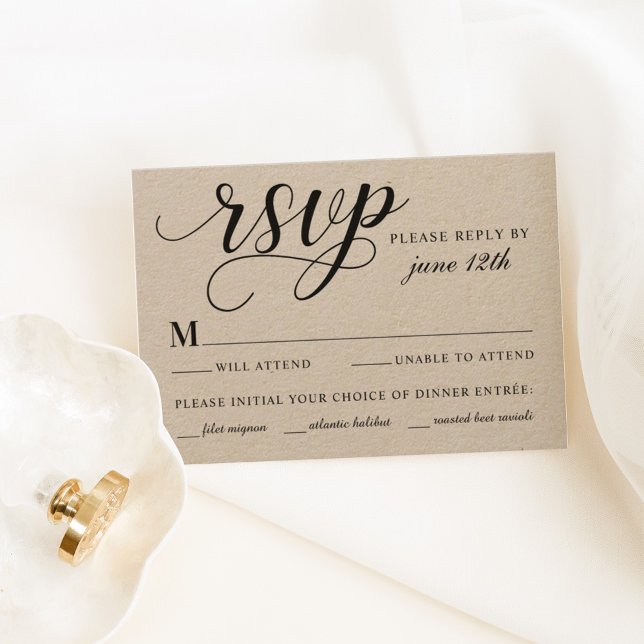 Modern Kraft and Black Script Wedding RSVP Card (Creator Uploaded)
