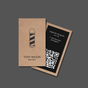 Modern Kraft Black QR Code Barber Pole Salon Business Card