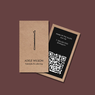 Modern Kraft Black QR Code Hair Pin Salon Business Card