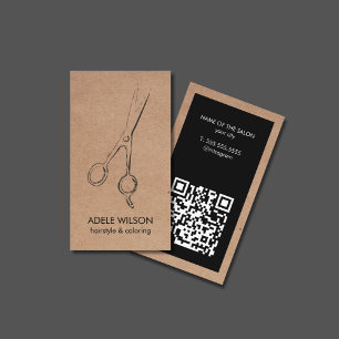 Modern Kraft Black QR Code Scissors Salon Business Card
