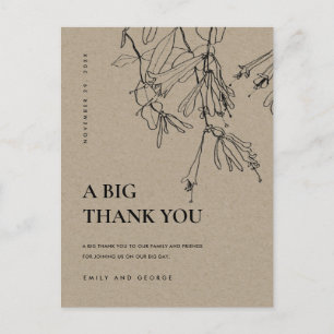MODERN KRAFT LINE DRAWING FLORAL WEDDING THANK YOU ANNOUNCEMENT POSTCARD