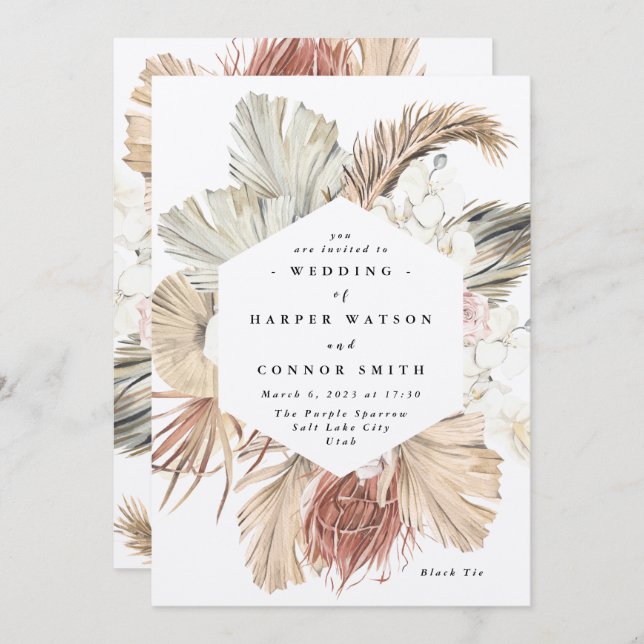 Modern Kraft Pampas Grass Floral Tropical Jungle Invitation (Front/Back)
