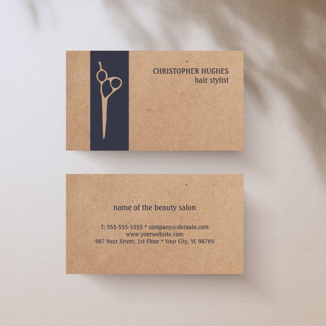 Modern Kraft Paper Blue Stripe Hair Stylist Business Card (Creator Uploaded)