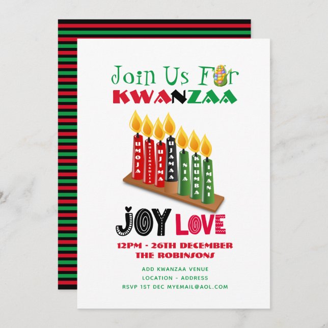 Modern KWANZAA Party Invites 7 Candles Principles (Front/Back)