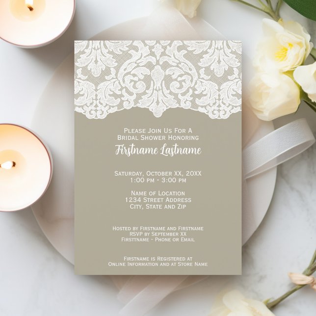 Modern Lace Bridal Shower or Engagement Party Invitation (Bridal Shower Invitation - taupe and white lace print)