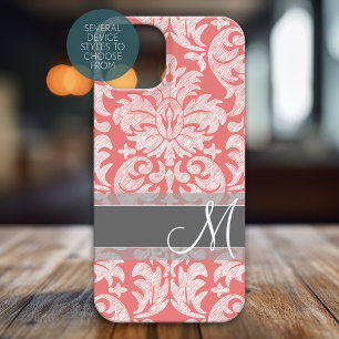Modern Lace Damask Pattern Coral and Grey Case-Mate iPhone 14 Case
