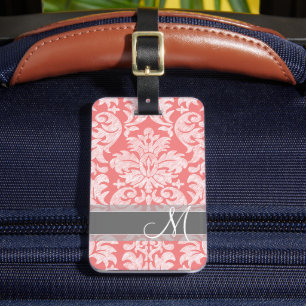 Modern Lace Damask Pattern - Coral and Grey Luggage Tag