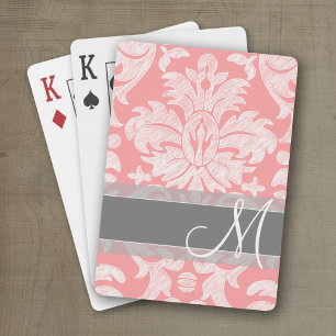 Modern Lace Damask Pattern - Coral and Grey Playing Cards