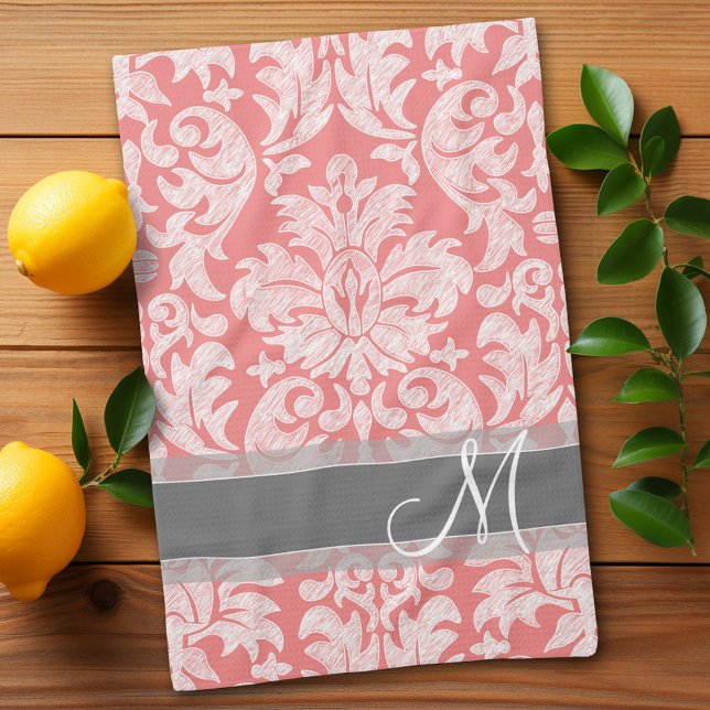 Modern Lace Damask Pattern - Coral and Grey Tea Towel (Damask pattern with monogram - personalized kitchen towel)