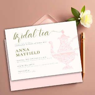 Modern Lace Tea Pot Elegant Pink Bridal Tea Party Invitation