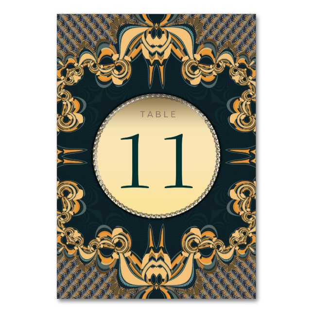 Modern Lace Teal Gold Table Number Card (Front)