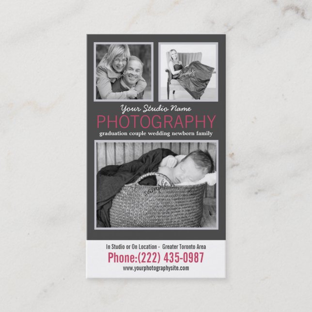 Modern Lady Photographer with 3 Sample Photos Business Card (Front)