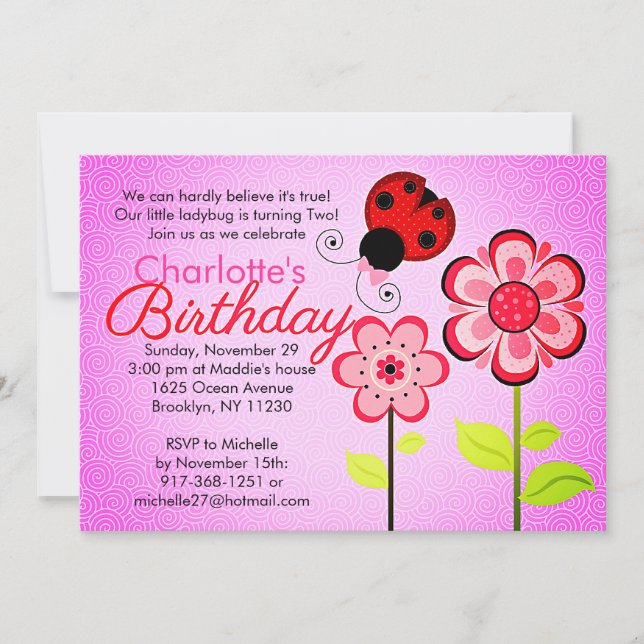 Modern Ladybug and Flowers Birthday Party Invitation (Front)