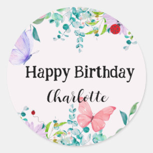 Modern Ladybug Butterfly colourful flower Birthday Classic Round Sticker