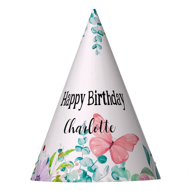 Modern Ladybug Butterfly colourful flower Birthday Party Hat (Front)