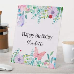 Modern Ladybug Butterfly colourful flower Birthday Pedestal Sign