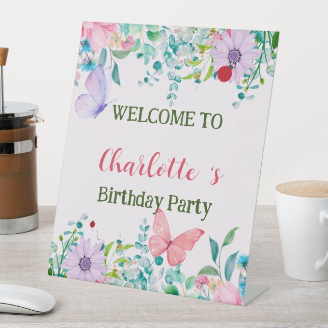 Modern Ladybug Butterfly colourful flower Birthday Pedestal Sign (In SItu)