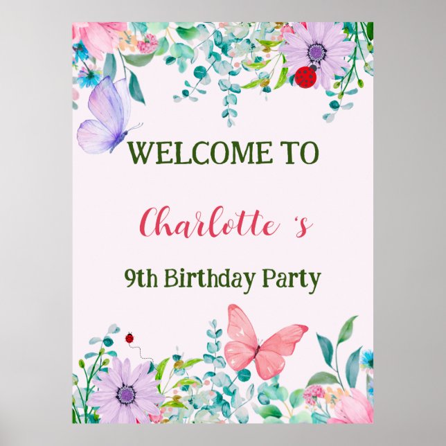 Modern Ladybug Butterfly colourful flower Birthday Poster (Front)
