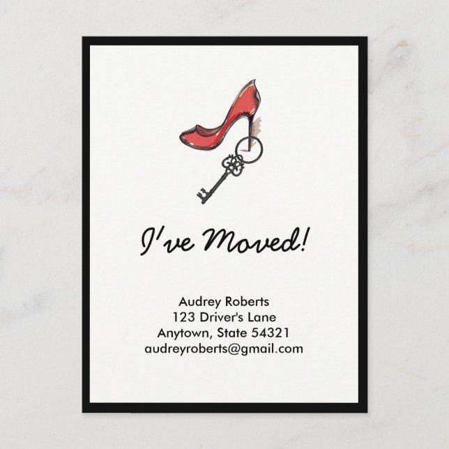 Modern Lady's Change of Address Key & High Heel Announcement Postcard (Front)