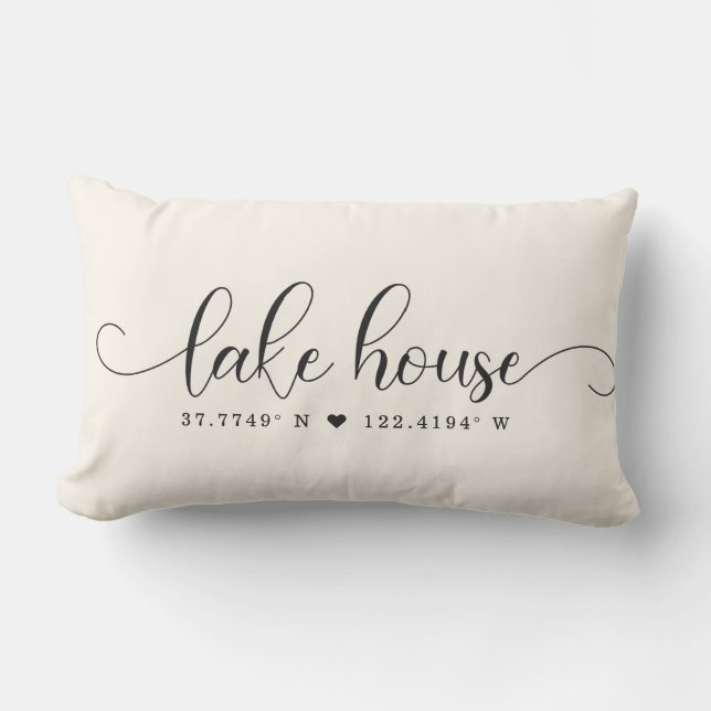 Modern Lake House Chic Script Custom Coordinates Lumbar Cushion (Front)