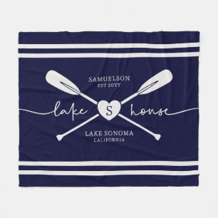 Modern Lake House Custom Name Script Navy Blue Fleece Blanket