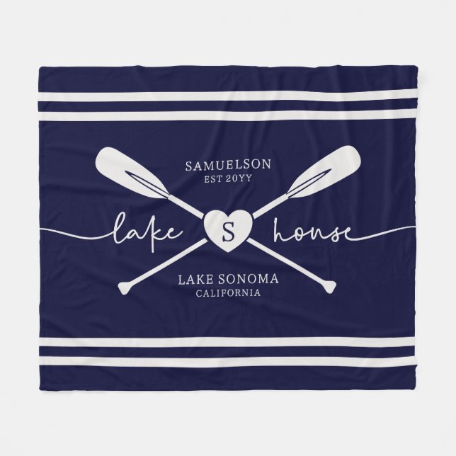 Modern Lake House Custom Name Script | Navy Blue   Fleece Blanket (Front (Horizontal))