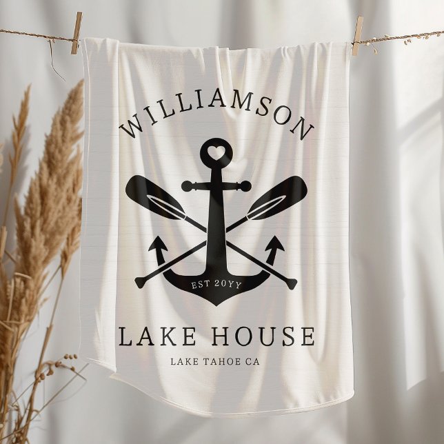 Modern Lake House Family Name Anchor Oars Paddles  Fleece Blanket (Creator Uploaded)